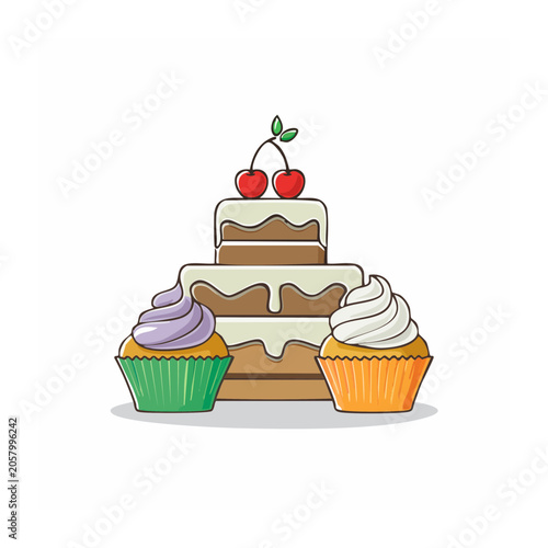 Colorful Layered Cake with Cupcakes Illustration