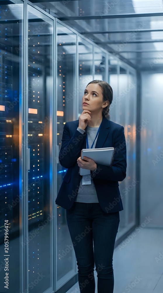 Fototapeta premium Female IT professional with dark hair, Caucasian ethnicity, wearing navy blazer and holding tablet in modern server room with illuminated data center racks, contemplating network infrastructure.