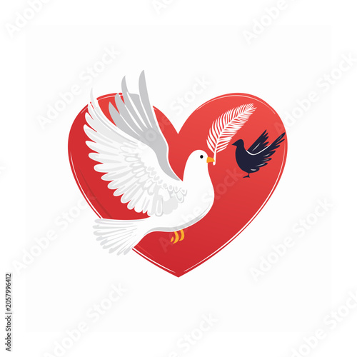 White dove with olive branch and red heart illustration