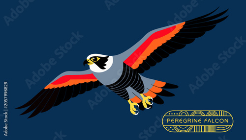 Bild auf Leinwand Very beautiful PEREGRINE FALCON with sleek aerodynamic form, sharp gaze, and a decorative species label reading PEREGRINE FALCON, realistic colorful vector illustration