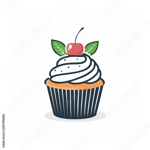 Cartoon strawberry in blue pot with green leaves