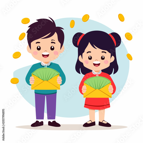 Children Holding Envelopes with Money and Falling Coins