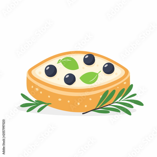 Illustration of a Toasted Bread with Cream Cheese, Olives, and Basil