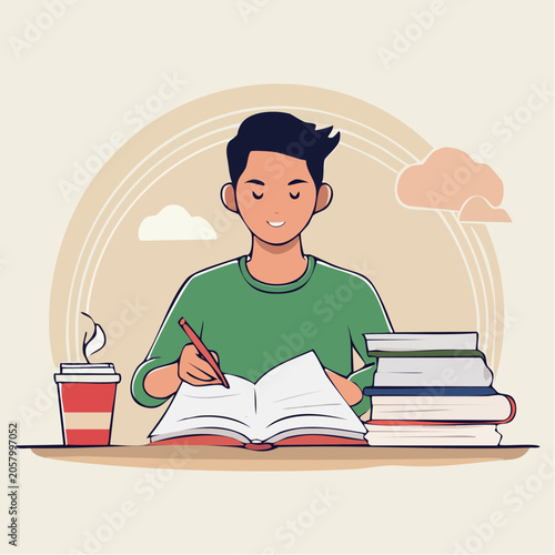 Student studying with books and coffee