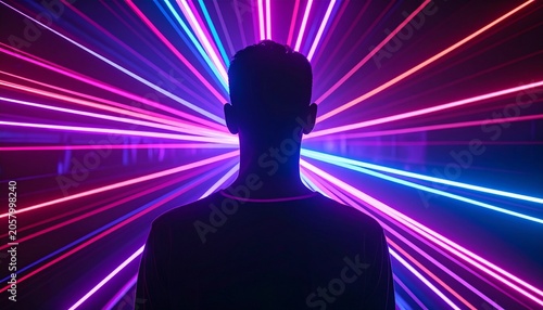 Mysterious silhouette enveloped by a radiant explosion of multi-colored neon light beams, symbolizing digital presence, future technology, and immersive virtual experiences