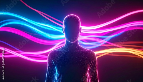 Illuminated Human Silhouette Amidst Vibrant Neon Light Trails, Symbolizing Digital Consciousness and Futuristic Energy Flow in a Dark Abstract Space