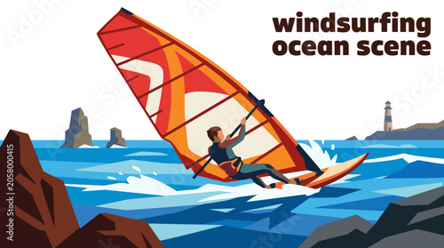 windsurfing ocean scene on sea landscape environment with ocean waves coastal water sports recreation adventure travel and marine scenery for modern vector illustration design