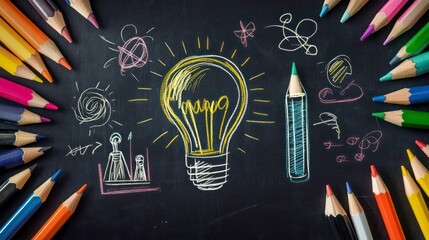 Creative education concept on chalkboard with colorful drawings and pencils, depicting ideas, science, and learning process.