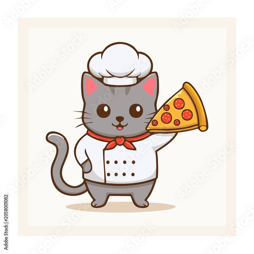 Cartoon Cat Chef Holding Pizza Slice