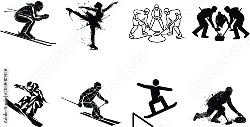 Sticker Winter Sports Silhouette Collection Featuring Skiing, Snowboarding, Ice Hockey,