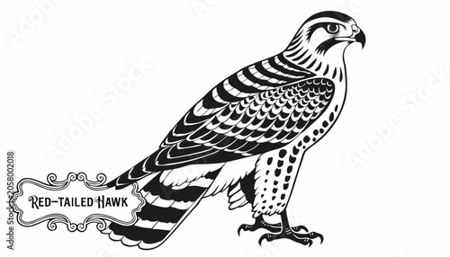 Obraz na płótnie Very beautiful black-and-white engraved vector illustration featuring RED-TAILED HAWK with detailed plumage and a decorative label reading RED-TAILED HAWK, isolated on white background