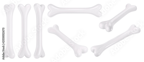Isolated set of Glossy White Cartoon Bones in Multiple Angles. 3D Rendering.