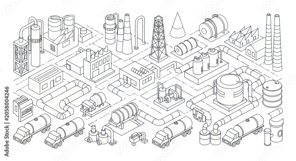 Obraz premium Isometric Industrial Plant Outline Drawing with Factories and Storage Tanks.