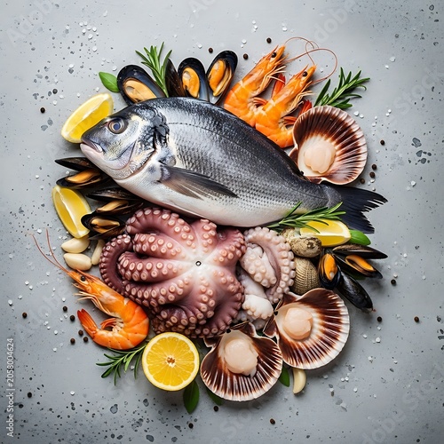 Colorful tropical fish, shrimp, and shellfish arranged on a white plate with lemon seafood platter