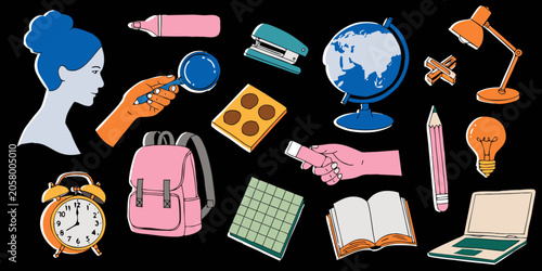 Slika na platnu Education and learning objects arranged with a figure exploring ideas during cre