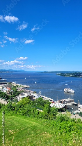 High angle view of St. Lawrence River and Quebec City port on a sunny summer day