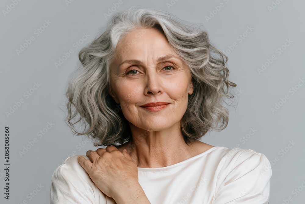 Fototapeta premium Confident senior woman with natural gray wavy hair smiling softly in a studio portrait against a light neutral background. 