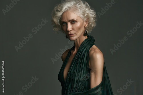 portrait of a mature woman with silver hair wearing a dark dress in a dramatic studio environment, expressing elegance, confidence and positive aging.