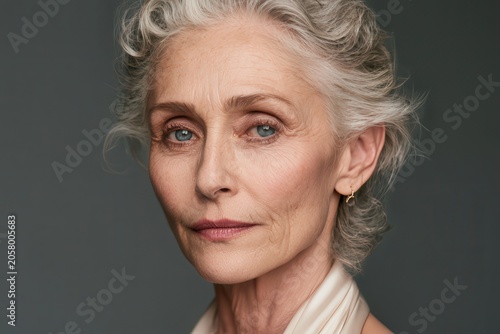 Stylish mature woman with silver hair wearing a dark outfit in a studio portrait, celebrating confidence, elegance and positive aging through contemporary fashion.