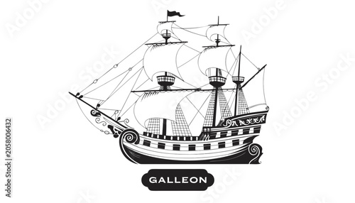 Εκτύπωση καμβά Very beautiful black-and-white engraved vector illustration featuring GALLEON with elaborate rigging and a decorative label reading GALLEON
