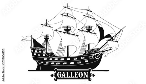 Φωτογραφία Very beautiful black-and-white engraved vector illustration featuring GALLEON with elaborate rigging and a decorative label reading GALLEON