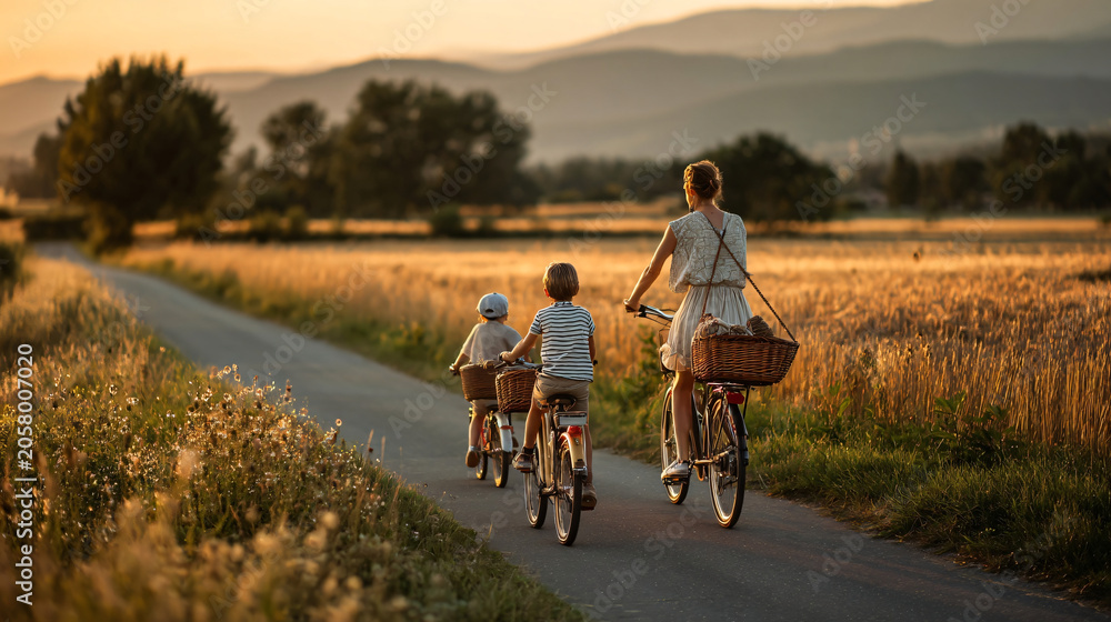 Fototapeta premium Golden Hour Cycling Adventure: A family cycles down a rural road at sunset, surrounded by golden fields, evoking a sense of freedom and shared joy.