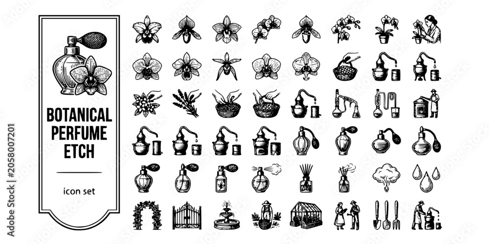 Fototapeta premium Luxury Botanical Perfume Etch Black White-Orchid Ingredient Distillery Still-Fragrance Vector-Perfume Icon Etch-Luxury Design Set