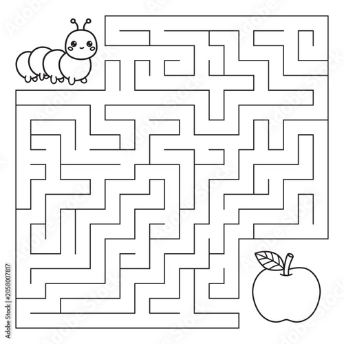 Cute Caterpillar Maze Puzzle for Kids with Apple Cartoon Vector Coloring Page