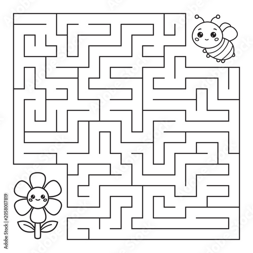 Maze game featuring a cute bee and flower, educational activity worksheet for children with a simple black and white vector outline style.