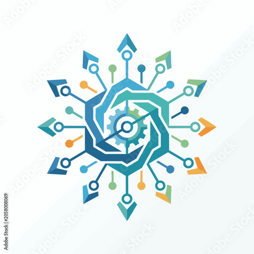 Abstract digital technology snowflake logo with hexagon shapes, circuit, and gear inside. Geometric snowflake design symbolizing technology, innovation and connection, against a white backdrop.