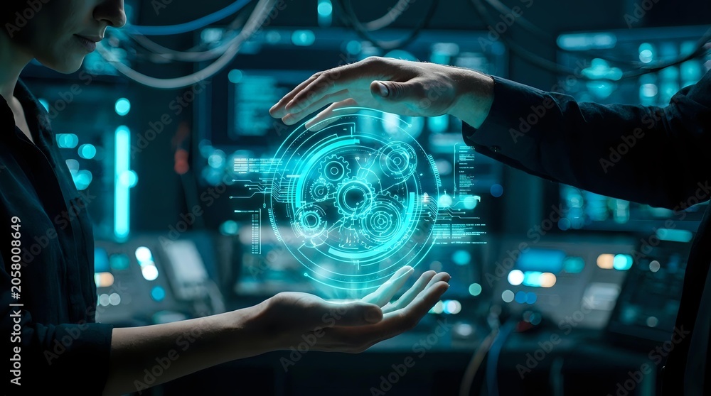 Fototapeta premium Young male professional in business attire examining glowing digital gear mechanism interface. Suitable for technology, innovation, engineering, and digital transformation concepts.