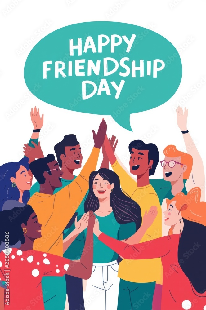 Obraz premium Happy friendship day with a diverse group of young people cheering with hands raised in a circle