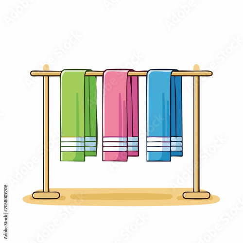 Three Colorful Towels Hanging on a Wooden Rack