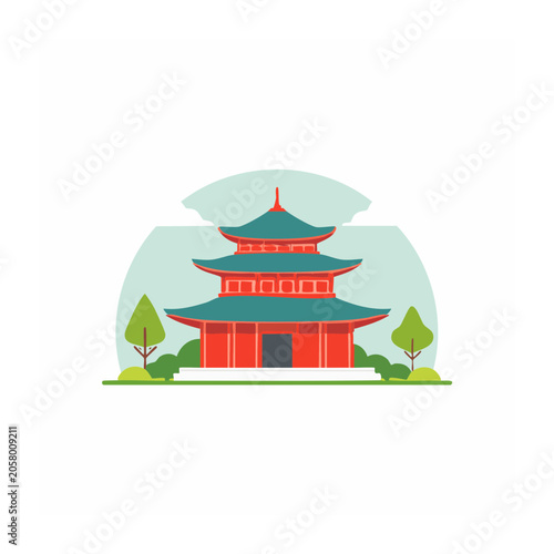 Traditional house with red roof and green trim