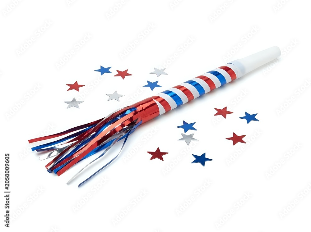 Obraz premium Patriotic party blower with red, white and blue stripes and star confetti scattered around isolated on white background for celebrations and events.