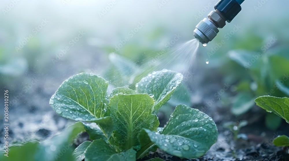 Fototapeta premium Young seedling plant receiving water droplets from irrigation dropper in garden soil, agricultural watering system for crop growth and cultivation.