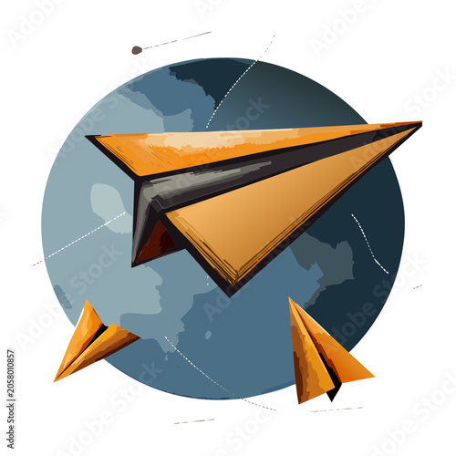 Orange paper airplanes flying over a globe illustration