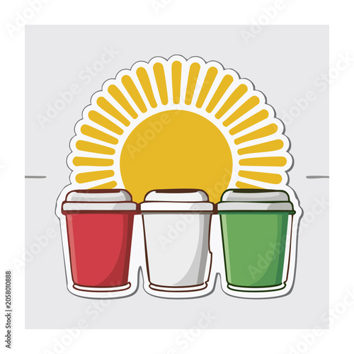 Three coffee cups under a sun illustration
