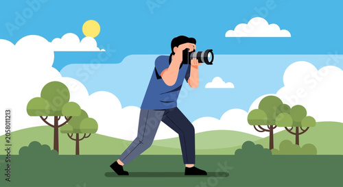 Photographer captures the world on a sunny day with camera lens close up