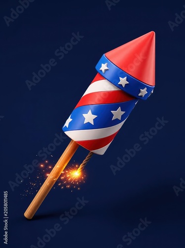 Fireworks rocket USA patriotic Fourth of July Independence Day celebration with lit sparking fuse 3D Illustration