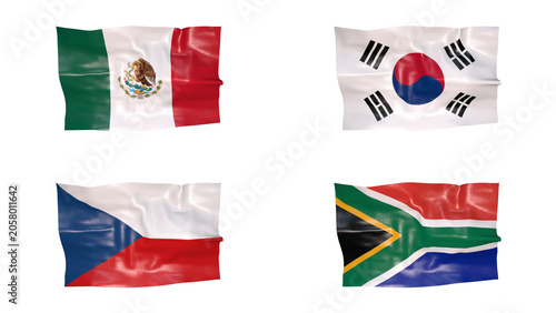 FIFA World Cup 2026 Group A Flags Set, 3D Waving Fabric Texture Illustration of Mexico, South Korea, Czechia and South Africa National Flags