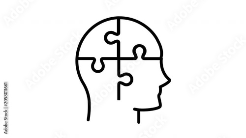 Human head puzzle line art animation for psychological problem solving and mental health therapy concept