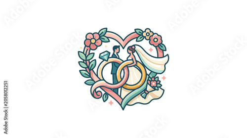 Quadro su tela Wedding Heart Frame with Couple, Rings, Diamond, and Flowers - Romantic Symbolis