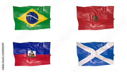 FIFA World Cup 2026 Group C Flags Set, 3D Waving Fabric Texture Illustration of Brazil, Morocco, Haiti and Scotland National Flags
