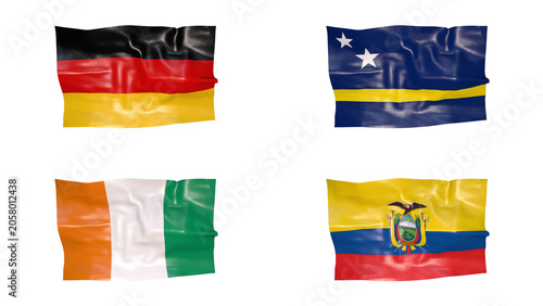 FIFA World Cup 2026 Group E Flags Set, 3D Waving Fabric Texture Illustration of Germany, Curacao, Cote d'Ivoire and Ecuador National Flags