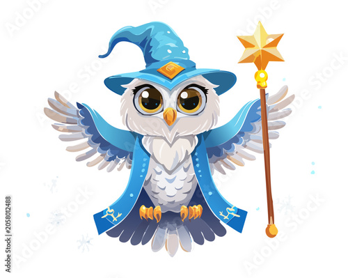 Magical cute owl wizard wearing a blue sorcerer hat holding a golden star magic wand spreading sparks for fantasy fairy tale design