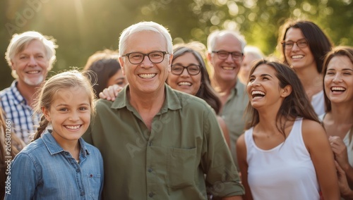Joyful multi-generational family portrait smiling together outdoors during a sunny day in a public park area