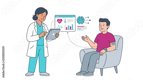 Fotografie Professional female doctor using a smart tablet to view patient medical charts and brain health data