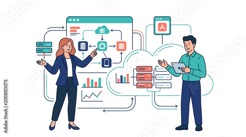 Ideal for tech firms and it professionals, this complex diagram depicts cloud computing architecture and data visualization for software engineering projects.