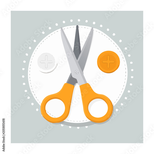 Orange Scissors with Plus Sign Buttons Flat Design
